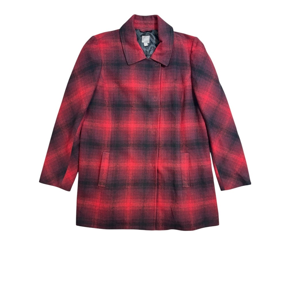 J.Jill Women's Red Buffalo Plaid Snap Lined Pea Coat Jacket Size Large